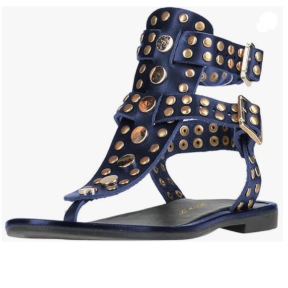 FOWT Navy Round Split Toe Sandals Rivet Studded Flat Gladiators Ankle Strap Shoe - Picture 1 of 8